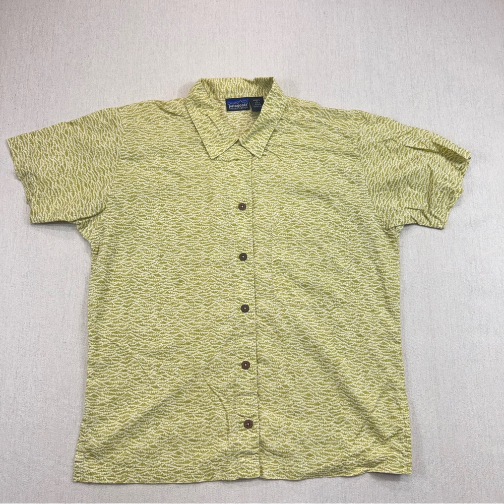 Patagonia Womens M Organic Cotton Button Front Shirt Green Short Sleeve Y2K